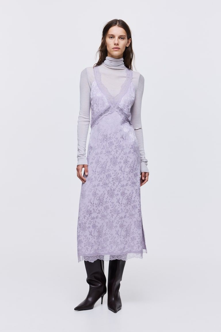 Lace-Inset Jacquard-Weave Dress