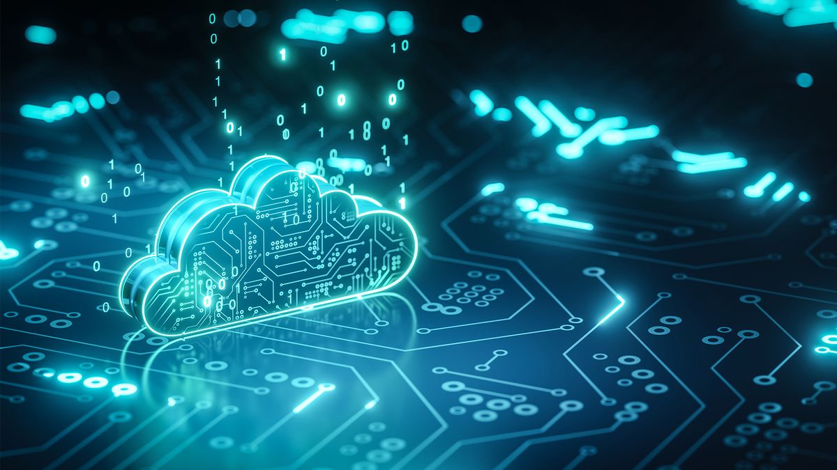 Cloud spending concept image showing cloud symbol in a digital style on a circuit board