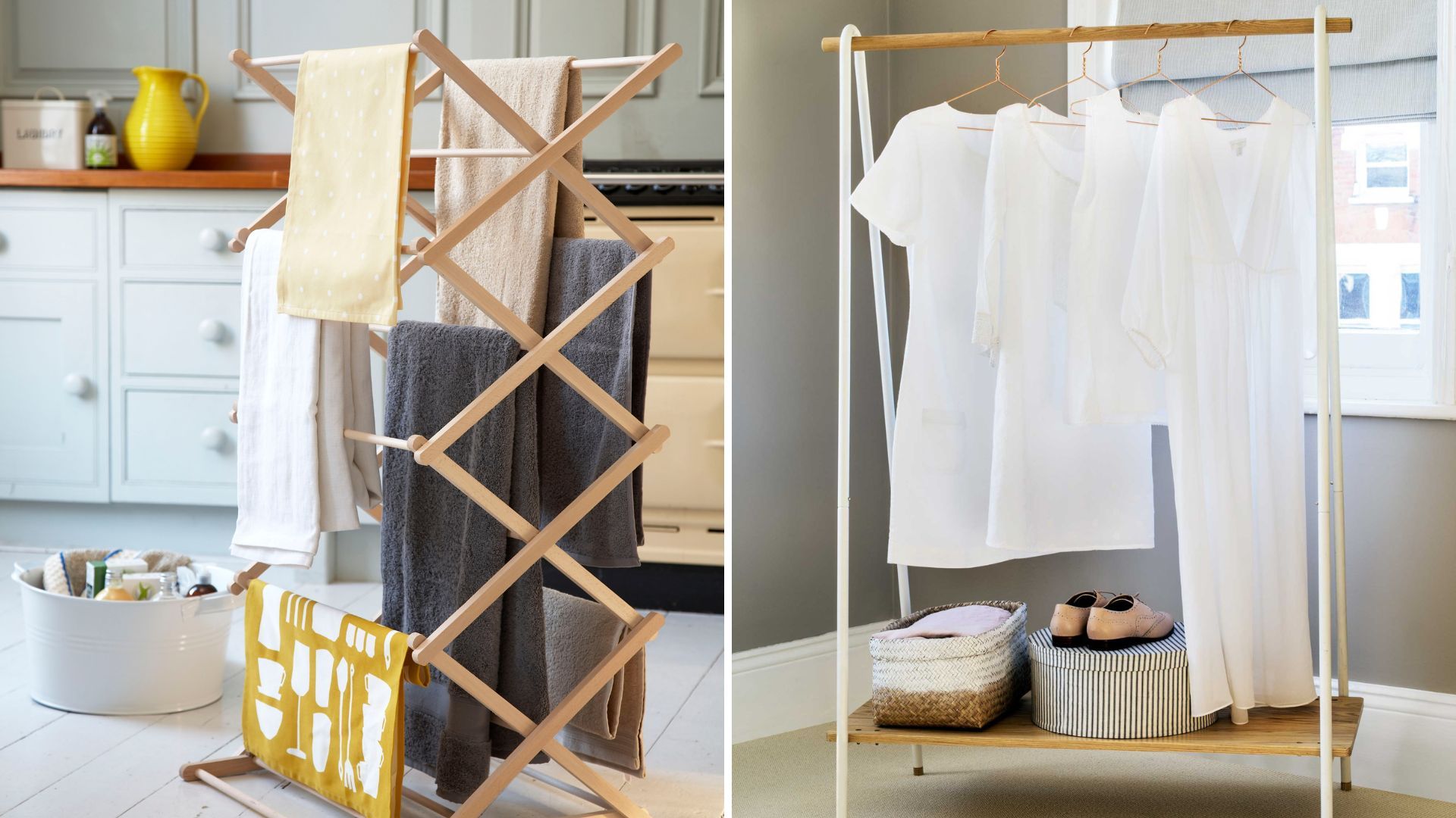 drying racks with fabrics and a clothes rail with drying clothes hanging
