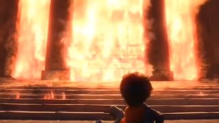 Hiro watching the building burn after Tadashi is killed in Big Hero 6.