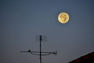full moon in upper right corner of the image with a silhouette of a television antenna in the lower portion of the image.