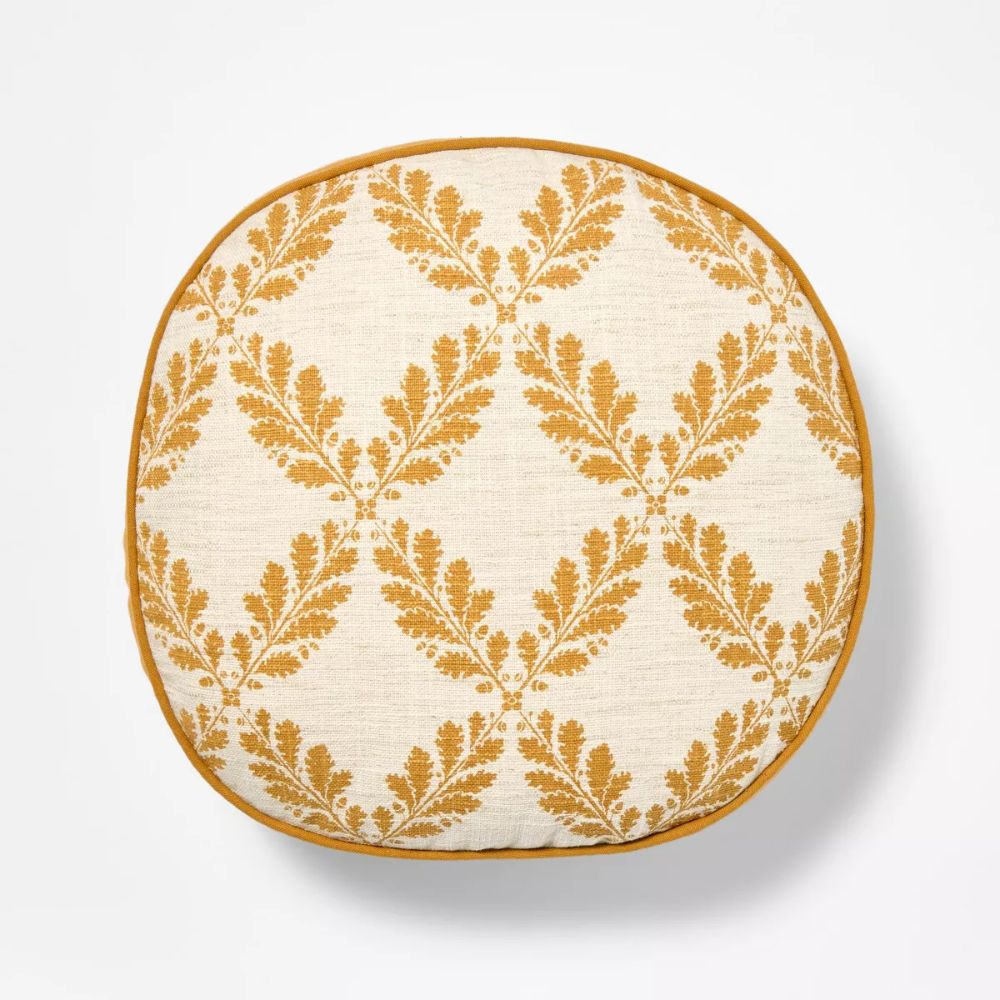 Golden Yellow and Cream Leaf Pattern Round Pillow