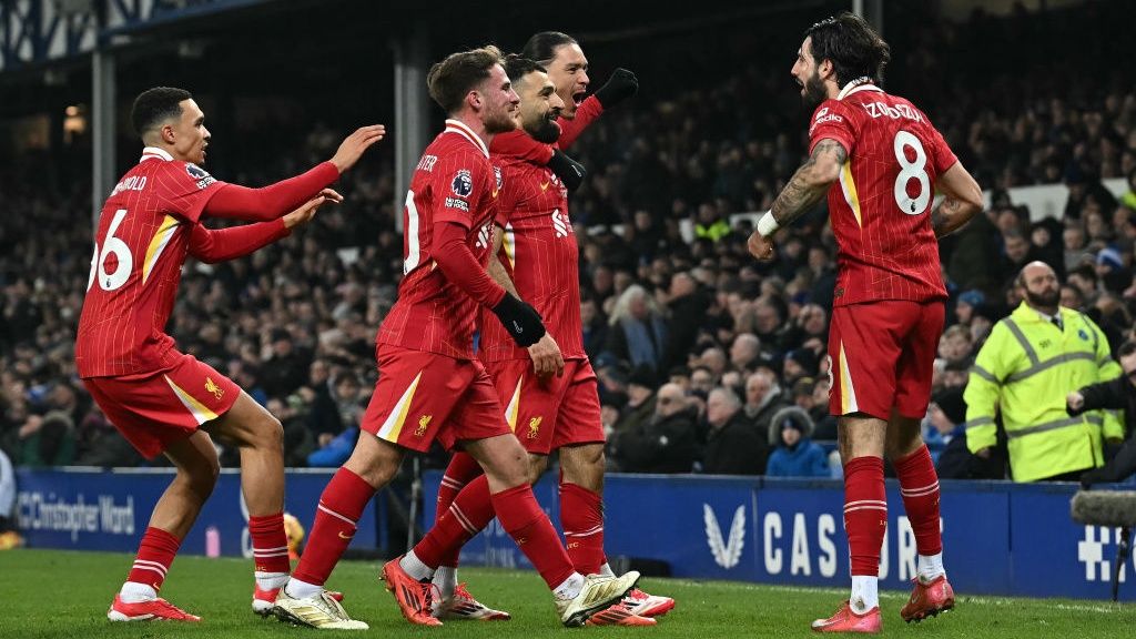 Liverpool&#039;s Egyptian striker #11 Mohamed Salah celebrates scoring the team&#039;s second goal during the English Premier League football match between Everton and Liverpool at Goodison Park in Liverpool, north west England on February 12, 2025. 