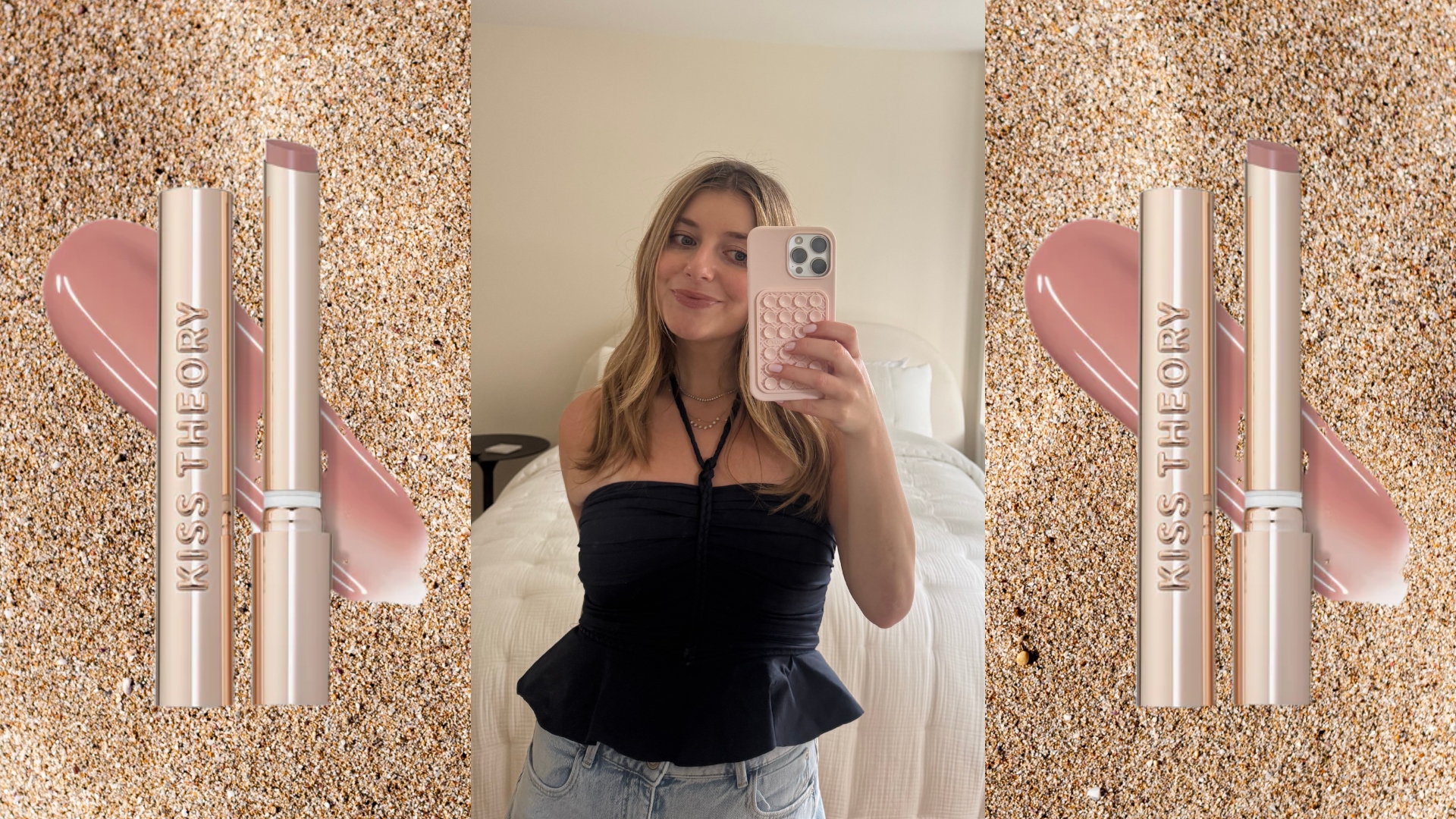 samantha holender on a sandy background next to anastasia beverly hills kiss theory lip balm