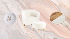 expensive-looking buys including a marble jewelry dish, a white chair, and a marble and wood cheese board on a marble tan-colored background