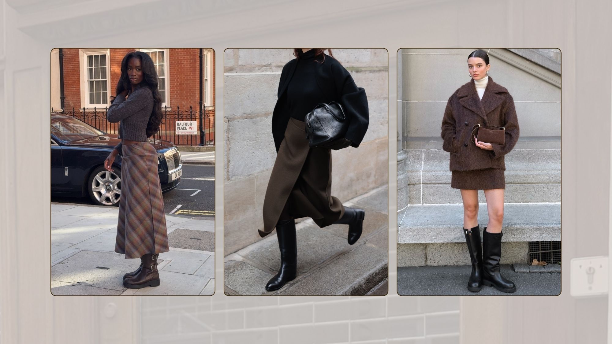 @_livmadeline wearing a check midi skirt and brown boots, @modedamour wearing a brown wrap midi skirt and chunky riding boots, @maryljean wearing a brown wool mini skirt and black knee-high boots 