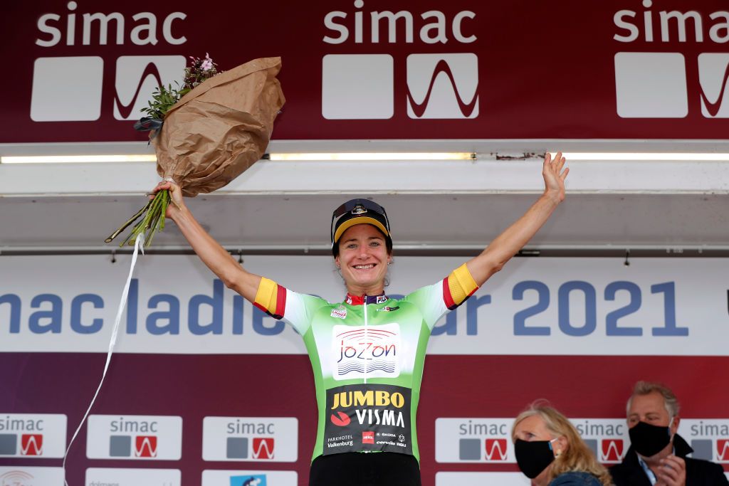 SWEIKHUIZEN NETHERLANDS AUGUST 28 Marianne Vos of Netherlands and Team Jumbo Visma celebrates winning the green points jersey on the podium ceremony after the 23rd Simac Ladies Tour 2021 Stage 4 a 1489km stage from Geleen to Sweikhuizen SLT2021 UCIWWT on August 28 2021 in Sweikhuizen Netherlands Photo by Bas CzerwinskiGetty Images