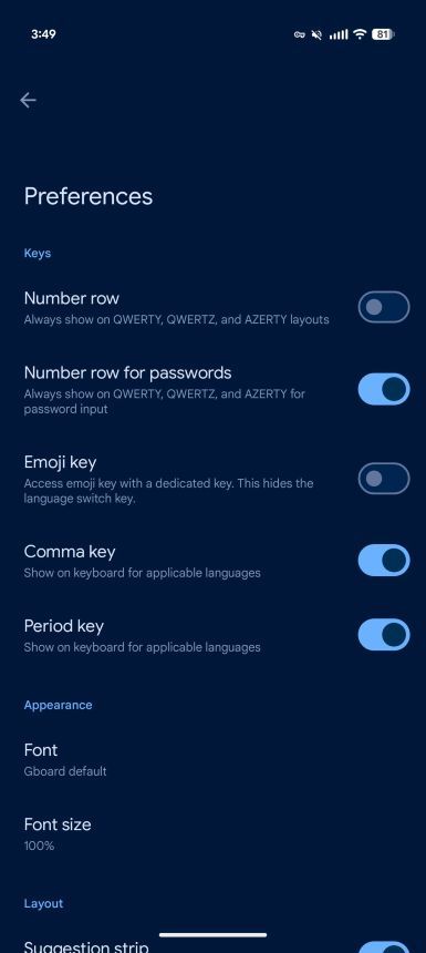 Gboard toggles for period and comma