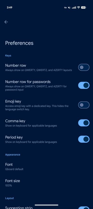 Gboard toggles for period and comma