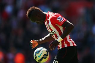 Sadio Mane collects the match ball after his hat-trick for Southampton against Aston Villa in May 2015.