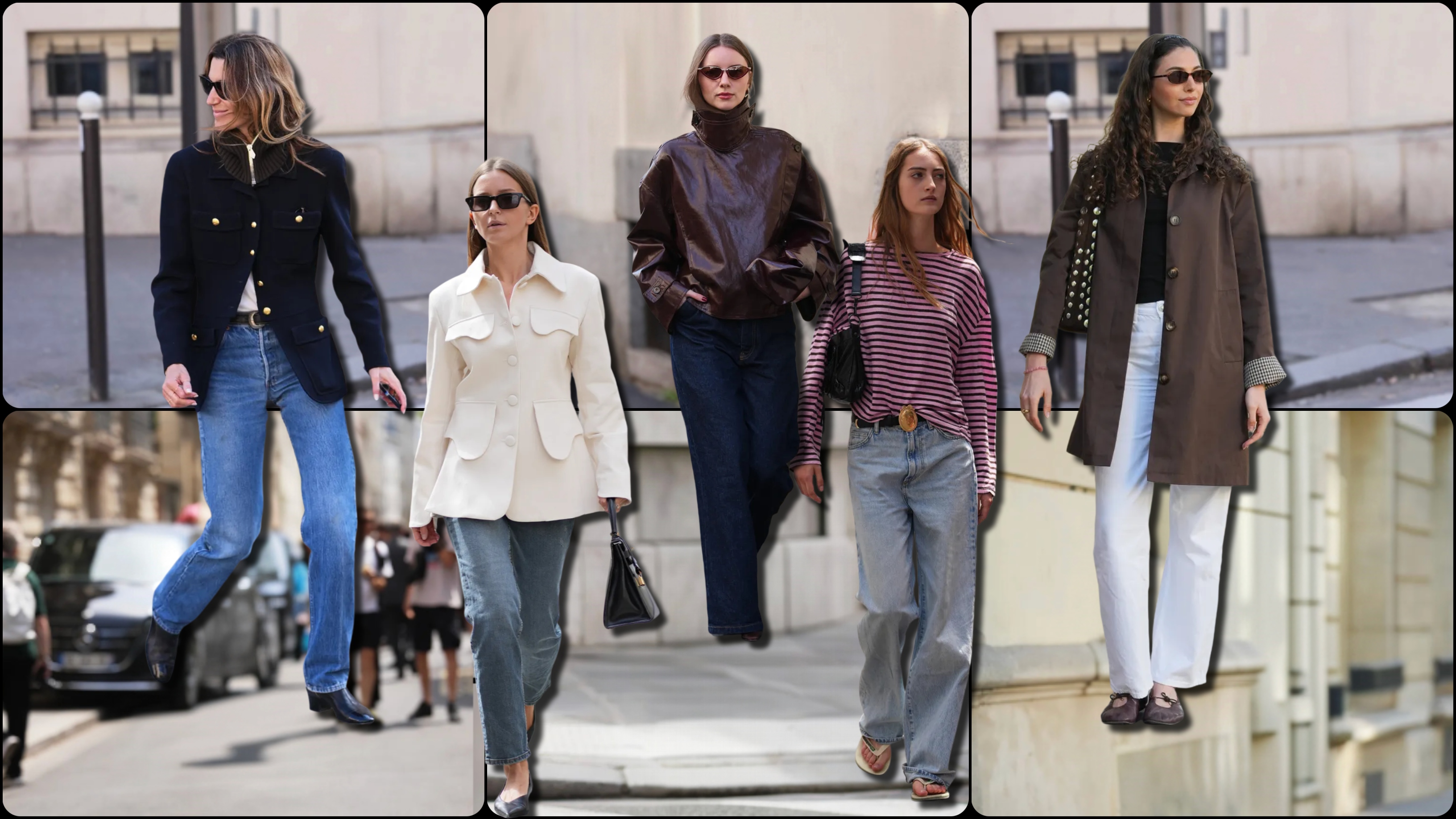 Five women wearing jeans styled with fall jackets, including leather, tailored, military-inspired, and utility silhouettes, plus a striped top.