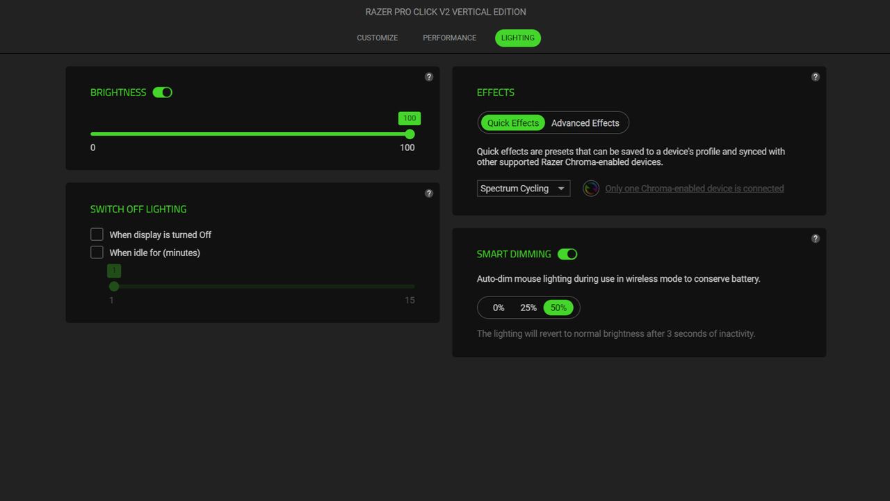 A cropped screenshot of Razer's Synapse application, showing the settings and options for its Pro Click V2 Vertical Edition wireless ergonomic mouse.