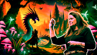 Illustration of an Intel executive holding up a Core i9-14900HX chip with a fantasy video game scene in the background.