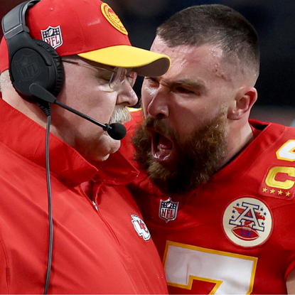 Travis Kelce #87 of the Kansas City Chiefs reacts at Head coach Andy Reid in the first half against the San Francisco 49ers during Super Bowl LVIII at Allegiant Stadium on February 11, 2024 in Las Vegas, Nevada.