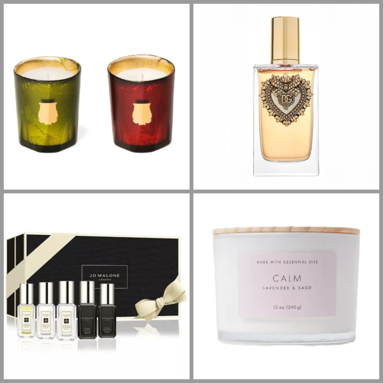 product collage of Jo Malone London 5-Pc. Cologne Discovery Gift Set, Dolce &amp; Gabbana Devotion Eau De Parfum, Threshold Wood Lidded Glass Wellness Calm Candle, and Trudon Astral Gabriel and Gloria Scented Candles on white background with grey border