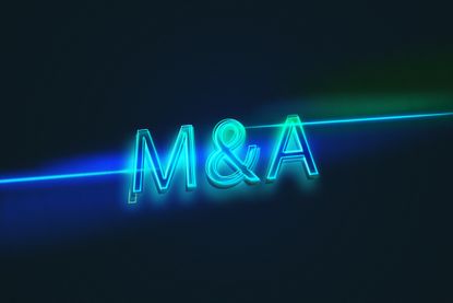 M&A, which stands for mergers and acquisitions, in greenish-blue neon lights