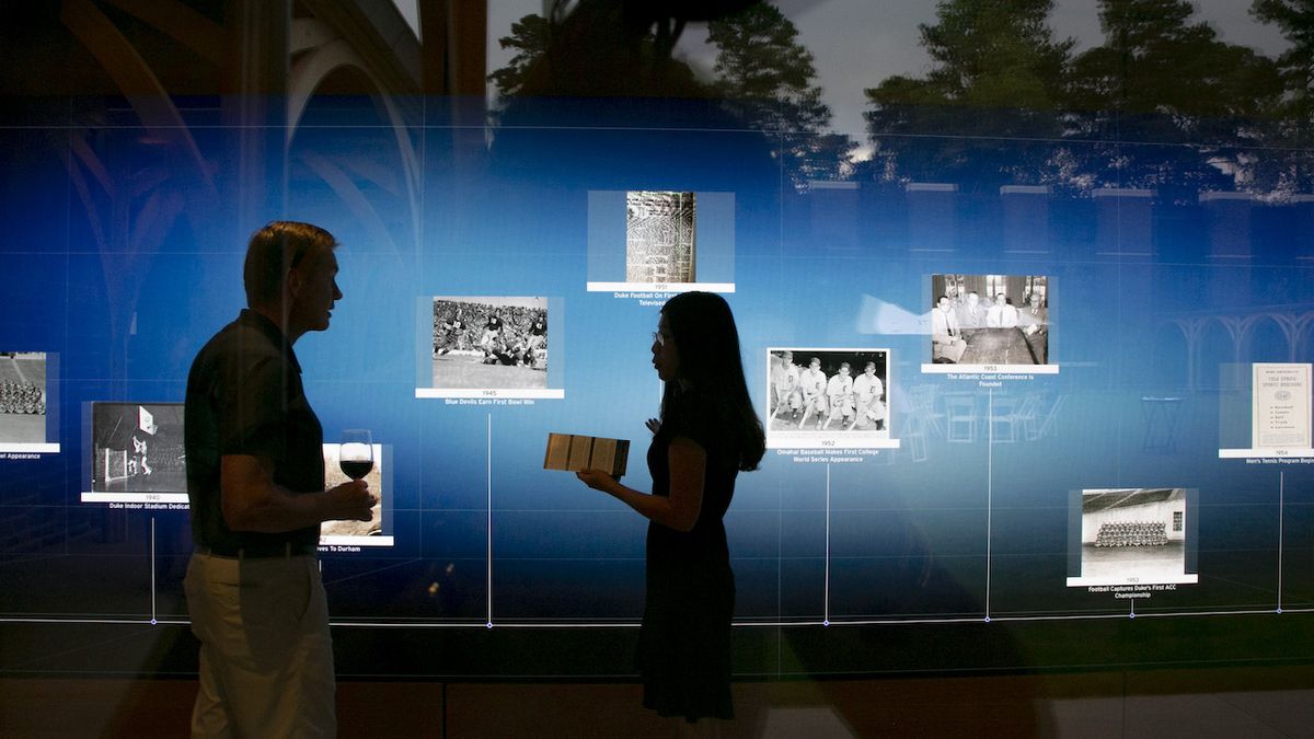 Duke&#039;s new Karsh Alumni and Visitors Center features cutting-edge technology powered by T1V interactive software and Leyard and Planar touchscreen displays.