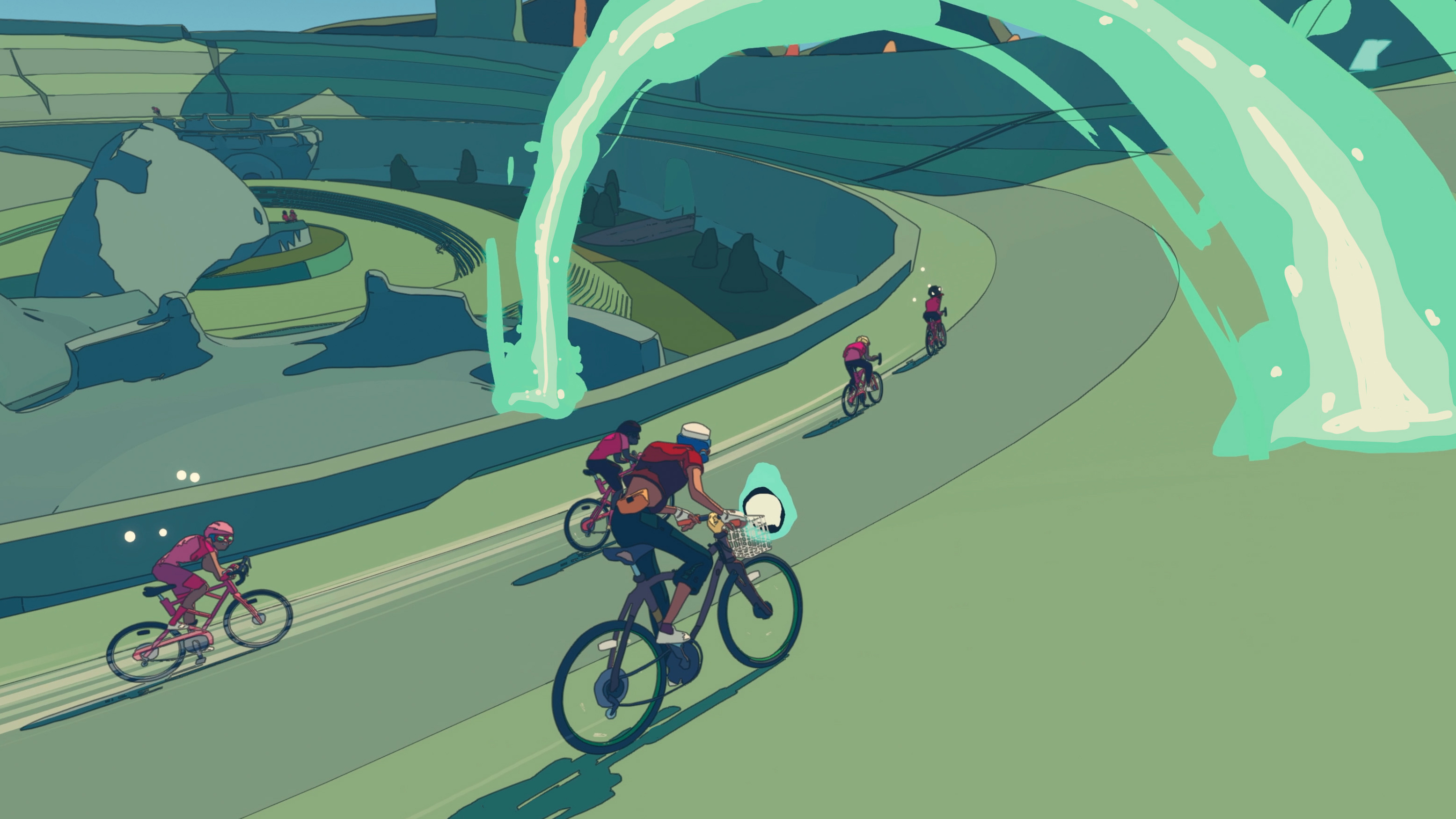 A person riding a bike through an open world