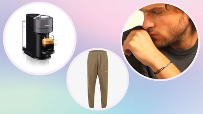collage image featuring three of the best Christmas gift ideas for your boyfriend, including a bracelet, coffee machine, and pair of joggers, against a multi-colored background