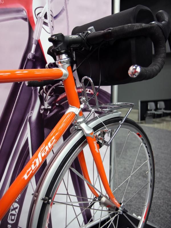 A tidy mini-rack is fitted to the front end of this Cyfac randonneur machine.