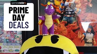 Spyro Plush sitting on top of Pac-Man dressed as a vampire and a "Prime Day deals" badge on right.