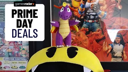 Spyro Plush sitting on top of Pac-Man dressed as a vampire and a "Prime Day deals" badge on right.