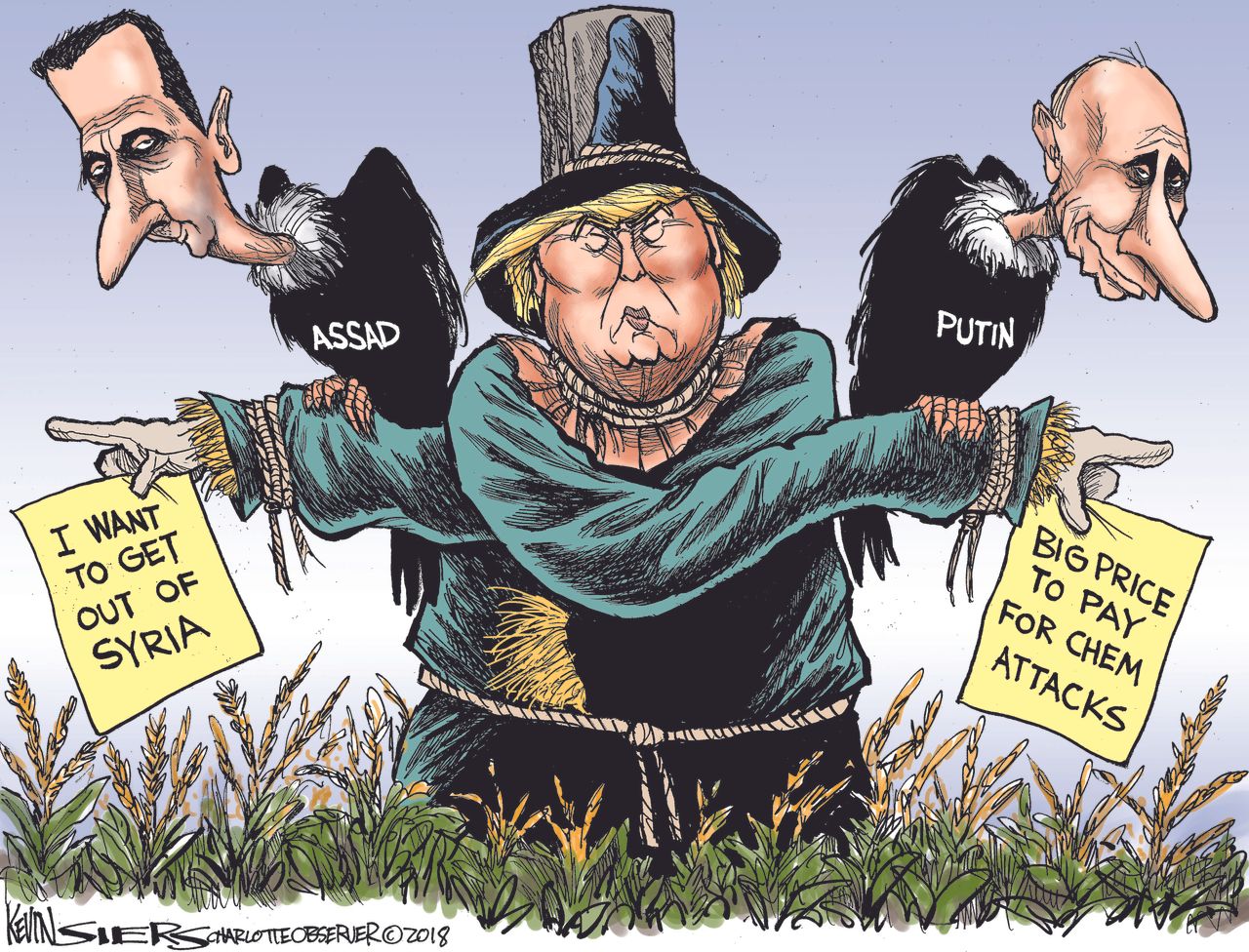 Political cartoon U.S. Trump Syria conflict Assad Putin Russia scarecrow