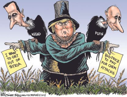 Political cartoon U.S. Trump Syria conflict Assad Putin Russia scarecrow