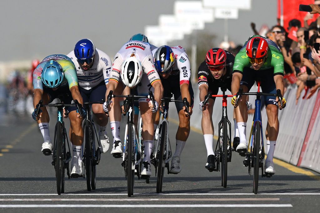 DUBAI UNITED ARAB EMIRATES FEBRUARY 21 LR Matteo Malucelli of Italy and XDS Astana Team Oded Kogut of Israel and Team Israel Premier Tech Tim Merlier of Belgium and Team Soudal QuickStep Sam Welsford of Australia and Team Red Bull Bora Hansgrohe Maikel Zijlaard of The Netherlands and Tudor Pro Cycling Team Jonathan Milan of Italy and Team LidlTrek Green points jersey sprint at finish line to win the stage during the 7th UAE Tour 2025 Stage 5 a 160km stage from American University Dubai to American University Dubai UCIWWT on February 21 2025 in Dubai United Arab Emirates Photo by Dario BelingheriGetty Images