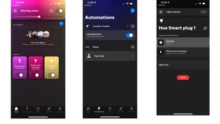 Screenshots from the Hue app used to control the Philips Hue smart plug on a wooden countertop
