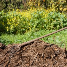 garden fork on top of mulch in garden