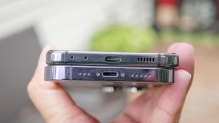 Apple iPhone 14 Pro Max vs. Samsung Galaxy Z Flip 5 side-by-side comparison.