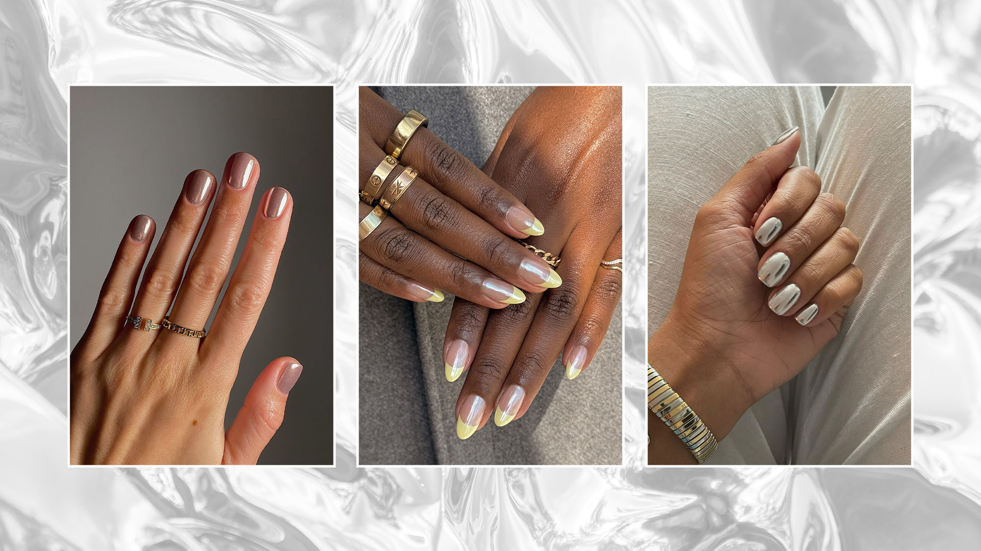 Collage of three chrome manicure looks side by side.