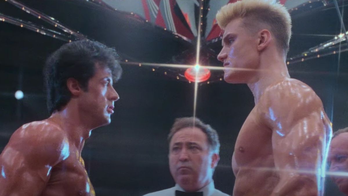 Sylvester Stallone and Dolph Lundgren in Rocky IV: Rocky vs. Drago.