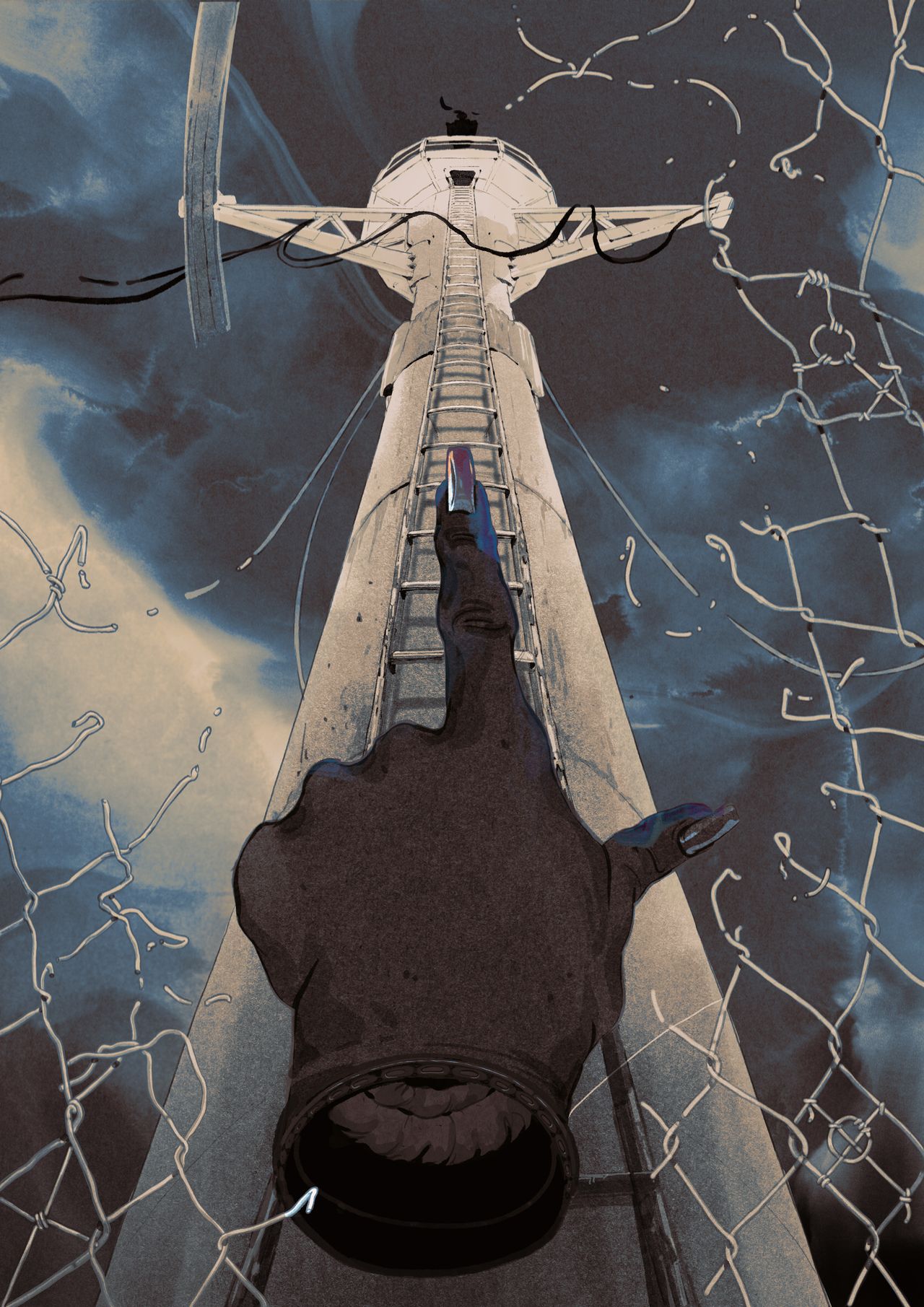 Disembodied hand with long fingernails pointing upwards to a sea tower with a long ladder leading up