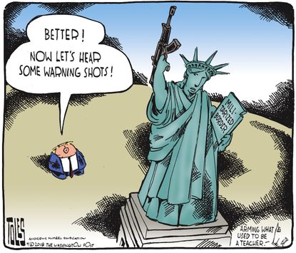 Political cartoon U.S. Trump Statue of Liberty border Mexico military