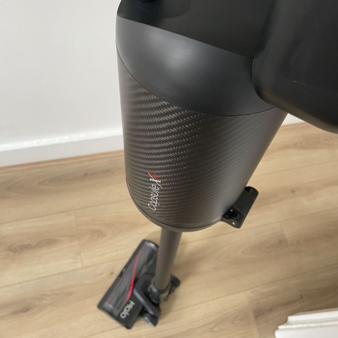 Halo Capsule XR Cordless Vacuum Cleaner standing on its own on wood-effect flooring