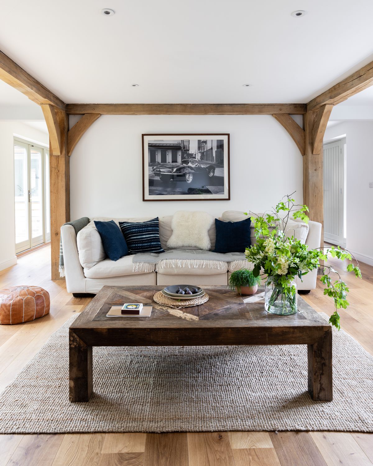 oak frame living room with wooden floor