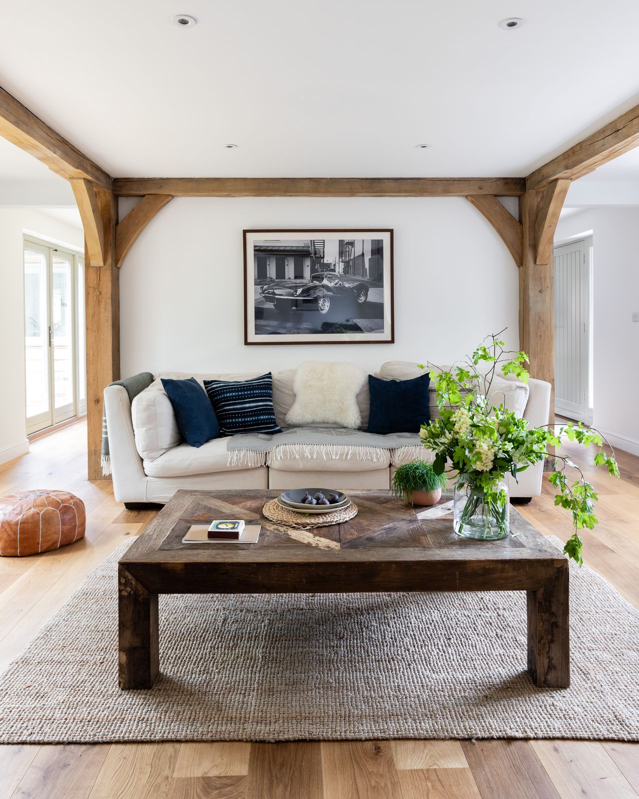 oak frame living room with wooden floor