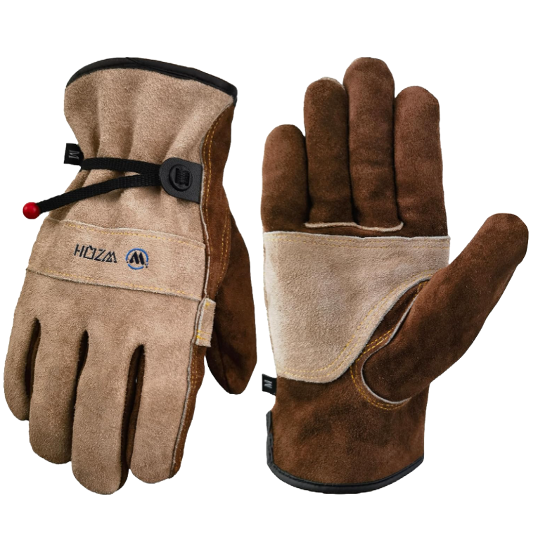 a pair of brown two-toned leather gardening gloves