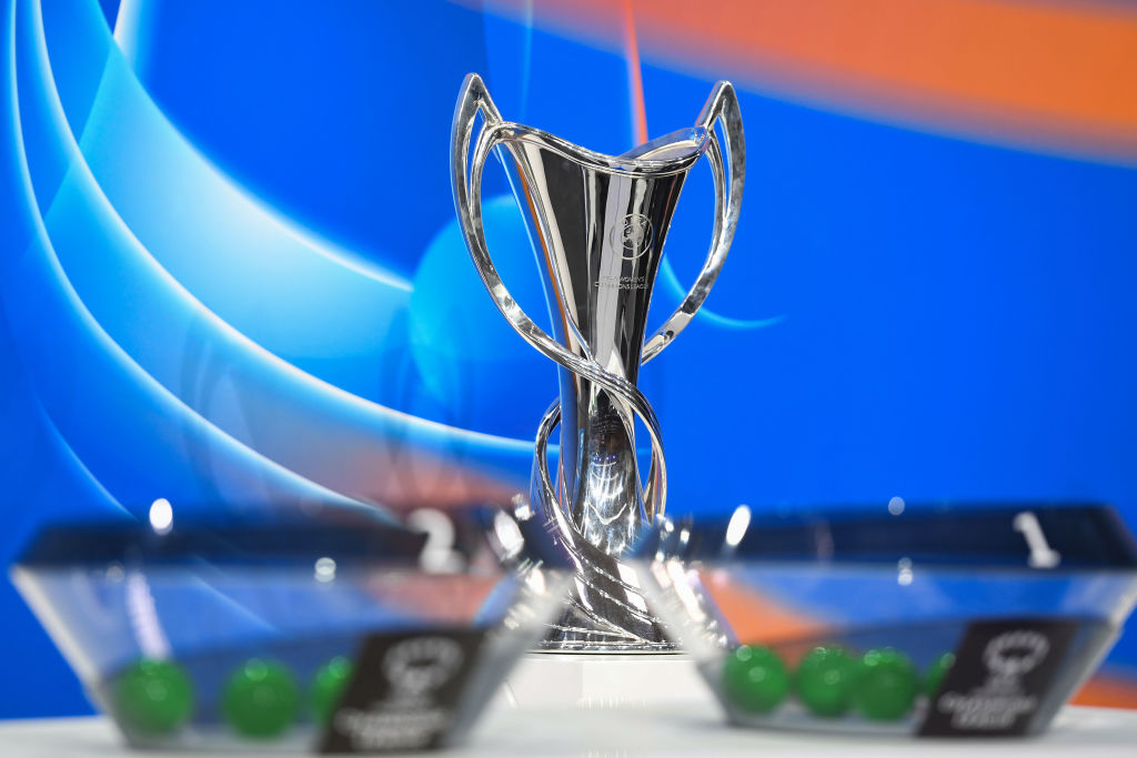 A view of the UEFA Women's Champions League trophy during the UEFA Women's Champions League 2021/22 Groups Stage Draw at the UEFA headquarters, The House of European Football on September 13, 2021, in Nyon, Switzerland.