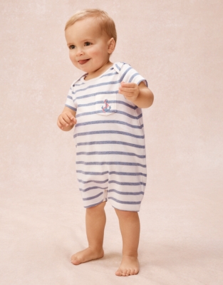 Organic Cotton Stripe &amp;amp; Anchor Embroidered Shortie Sleepsuit (0&amp;ndash;2yrs) | the White Company