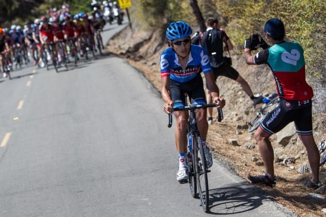Lachlan Morton (Garmin-Sharp) tries to get away on Mt. Diablo.