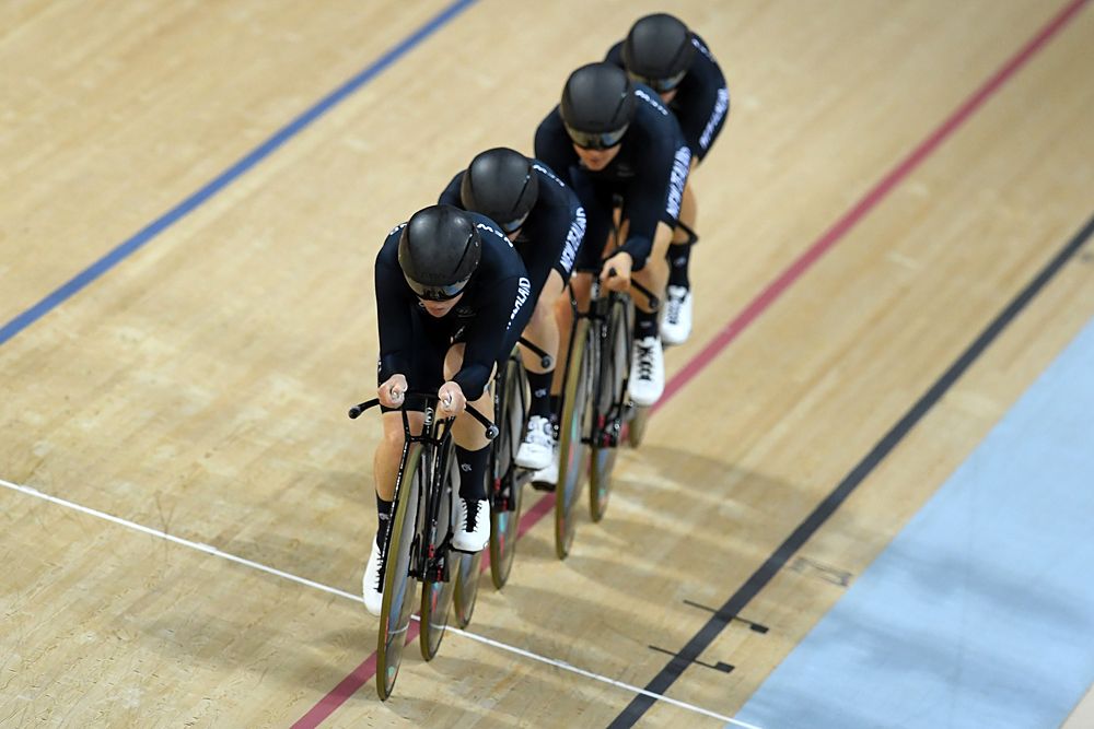 GLauren Ellis, Racquel Sheath, Rushlee Buchanan and Jaime Nielsen of New Zealand compete in the Women's Team Pursuit Track Cycling Qualifying on Day 6 of the 2016 Rio Olympics