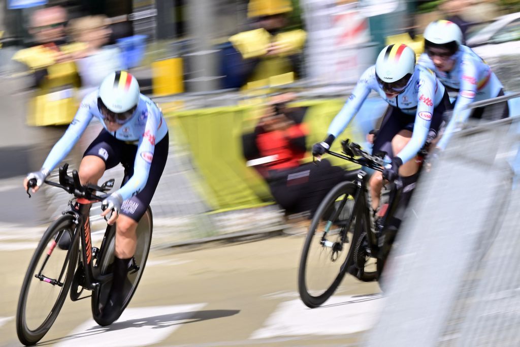 Belgium Female Team Ilken Seynave, Luca Vierstraete and Julie Vlyminck pictured in action during the time trial mixed relay juniors at the European Championship 2024, in Hasselt, Thursday 12 September 2024. The UEC Road European Championships 2024 will take place from 11 to 15 september in Limburg, Belgium. BELGA PHOTO DIRK WAEM (Photo by DIRK WAEM / BELGA MAG / Belga via AFP)