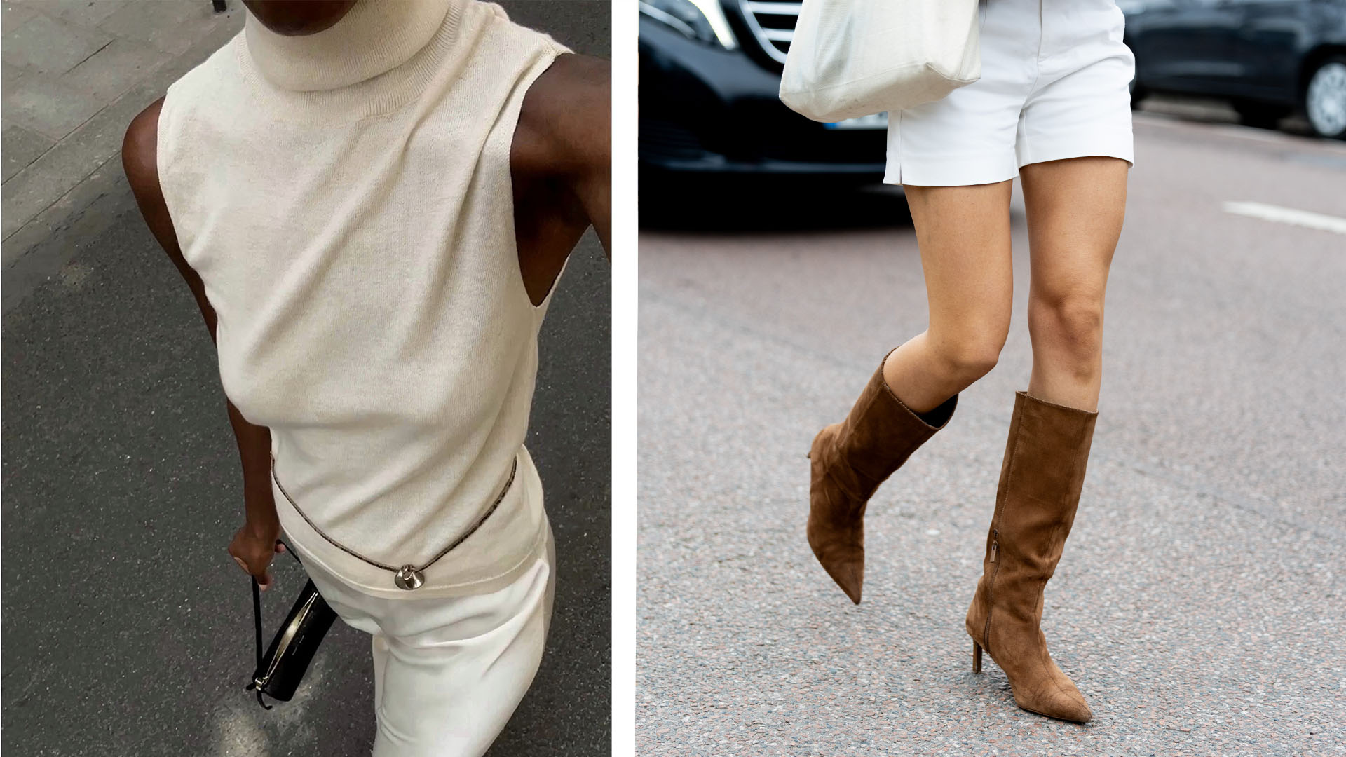 Woman in sleeveless turtleneck; woman in brown boots and shorts