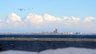 A flock of Geese fly over Lake Erie after an intense lake-effect snowstorm