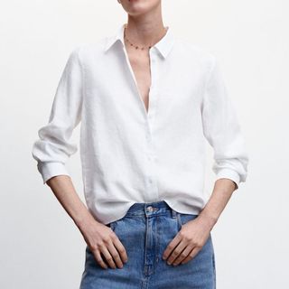 model wearing mango white linen shirt