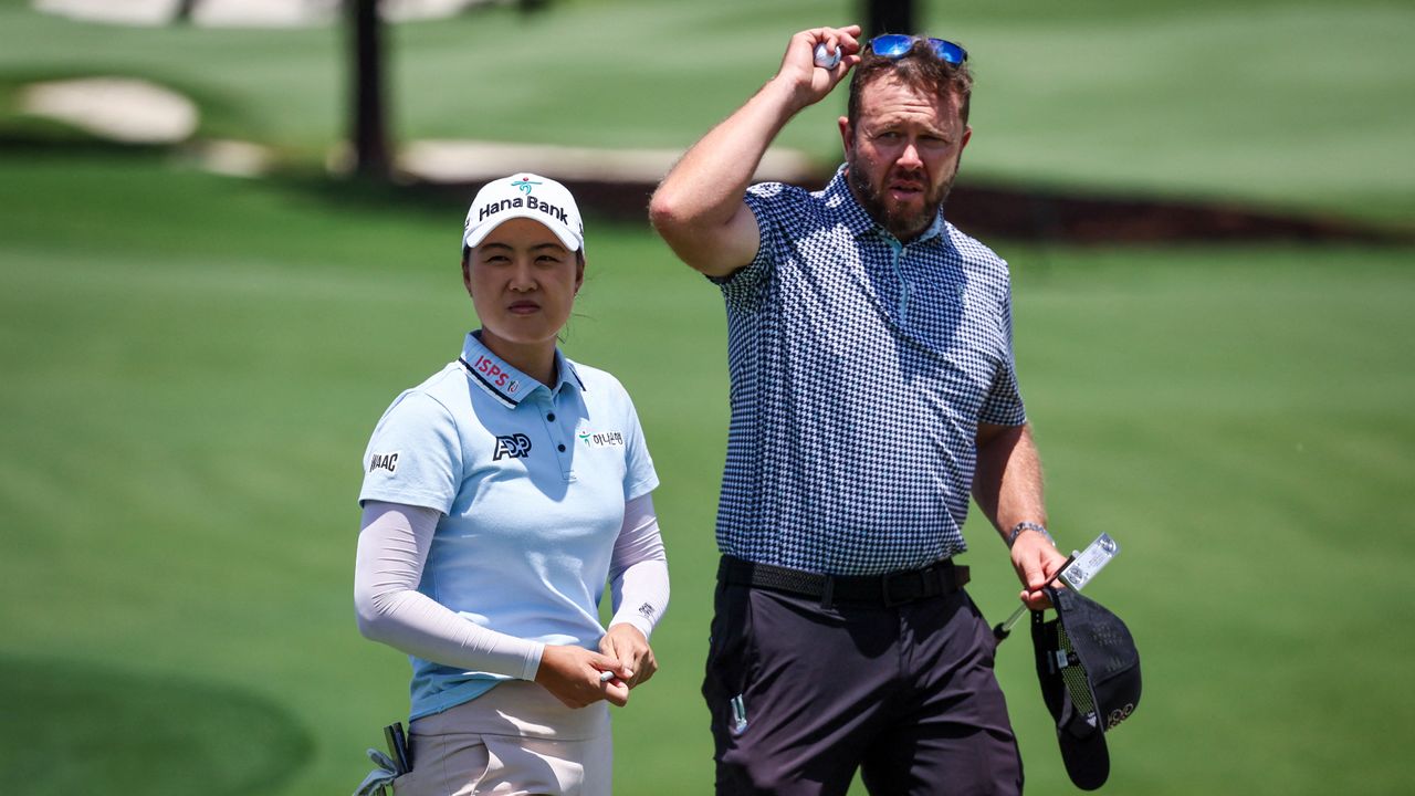 ustralia&#039;s Minjee Lee walks with her caddie Brad Beecher after a practice round at the Australian Golf Club in Sydney on November 29, 2023, ahead of the Australian Open golf tournament starting on November 30.