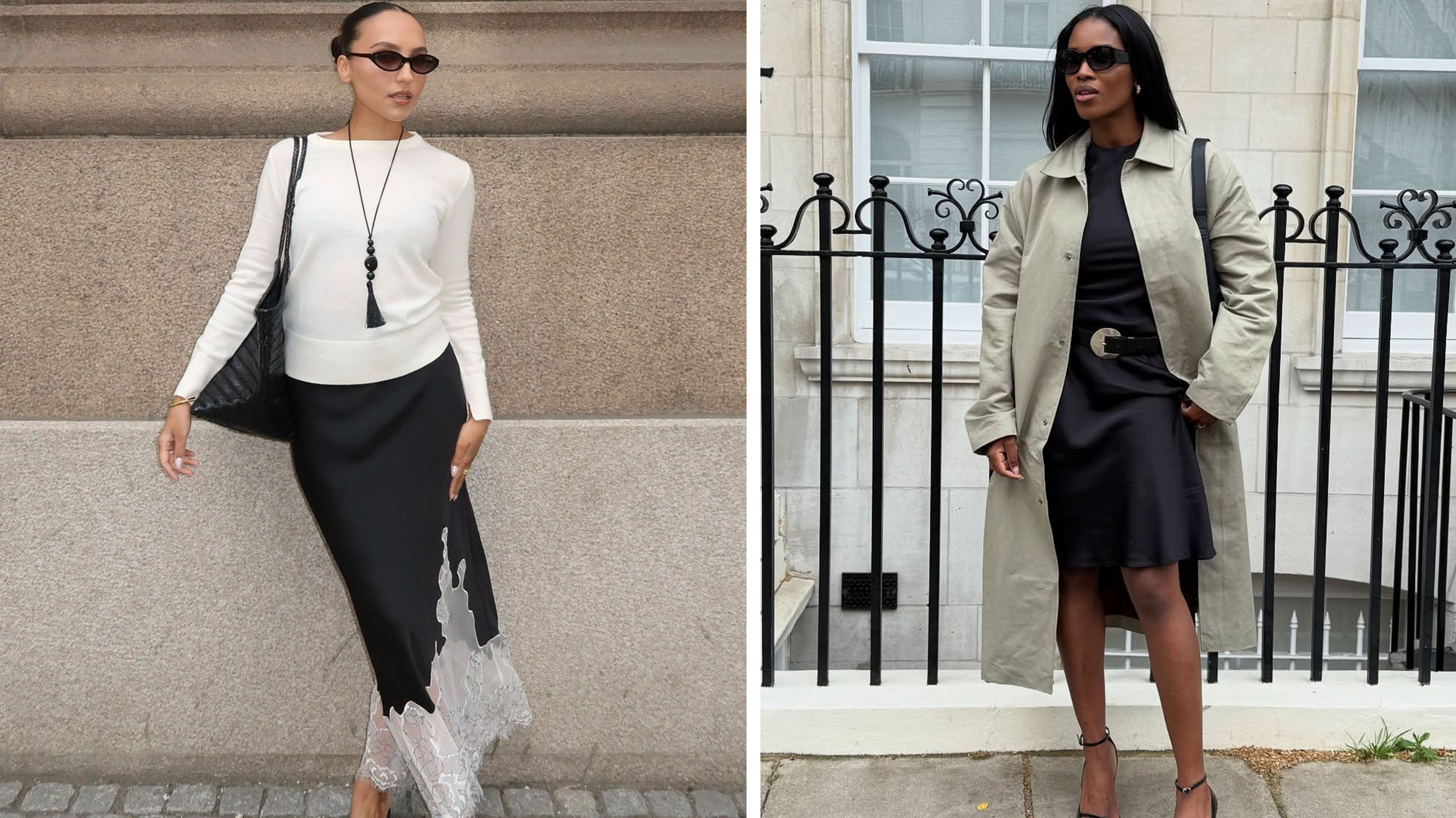 Woman in white sweater and black slip skirt; woman in trench coat and black slip skirt.